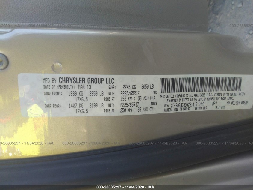 DODGE GRAND CARAVAN 2C4RDGBG3DR731418