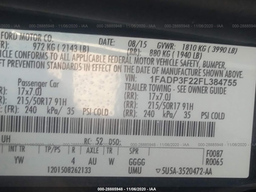 FORD FOCUS 1FADP3F22FL384755