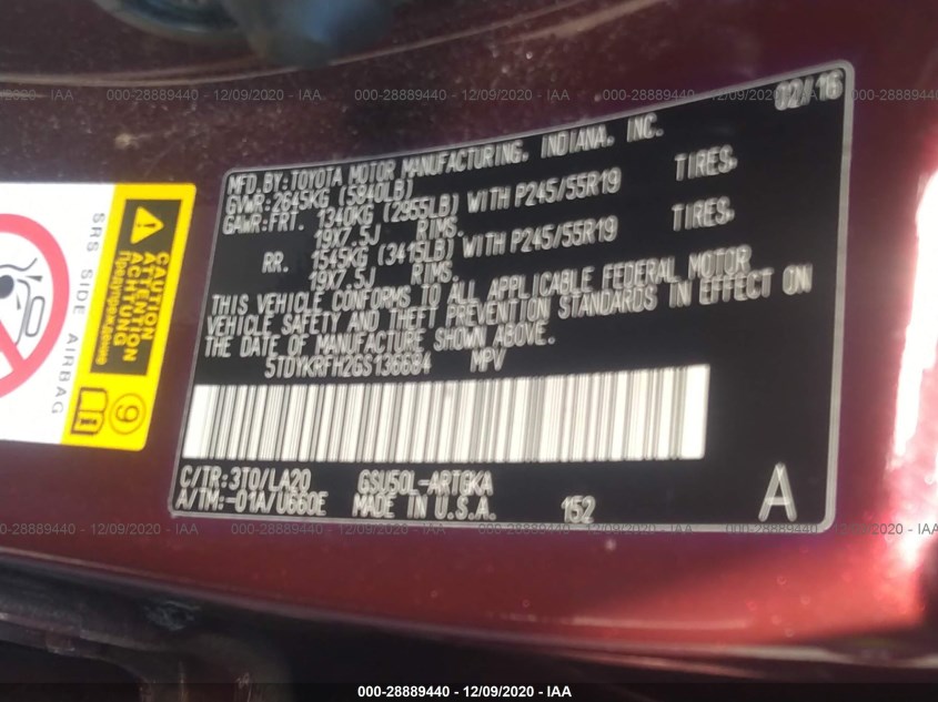 TOYOTA HIGHLANDER 5TDYKRFH2GS136684
