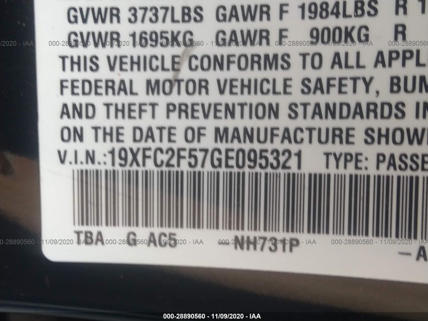 HONDA CIVIC SEDAN 19XFC2F57GE095321