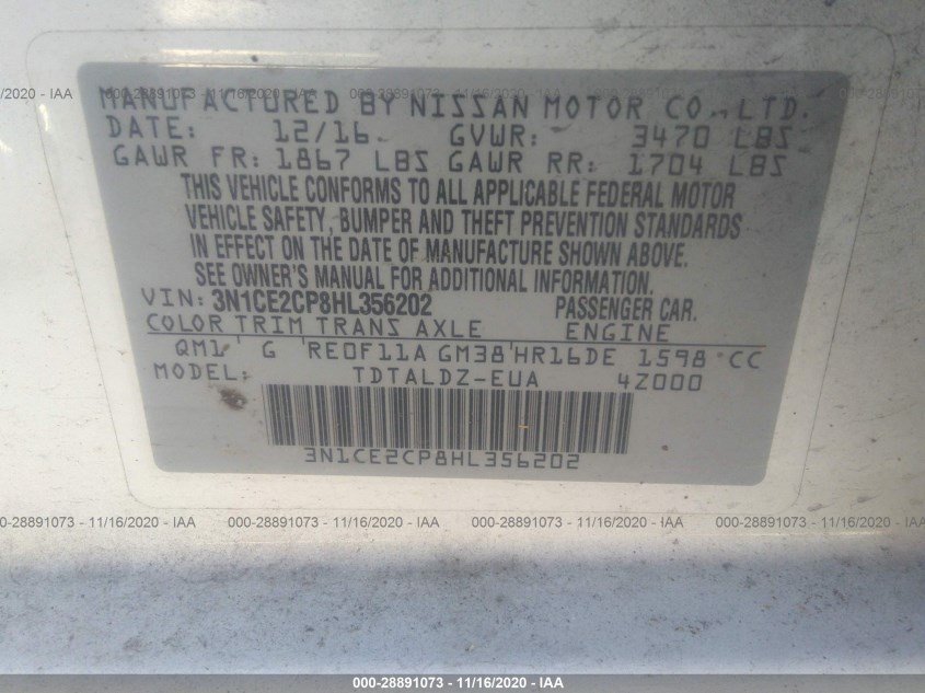 NISSAN VERSA NOTE 3N1CE2CP8HL356202