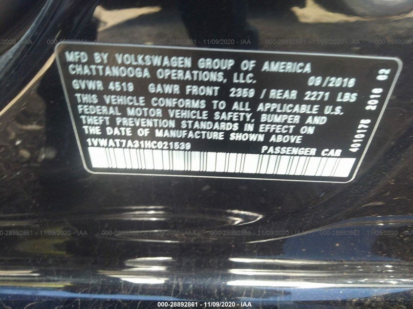 VOLKSWAGEN PASSAT 1VWAT7A31HC021539