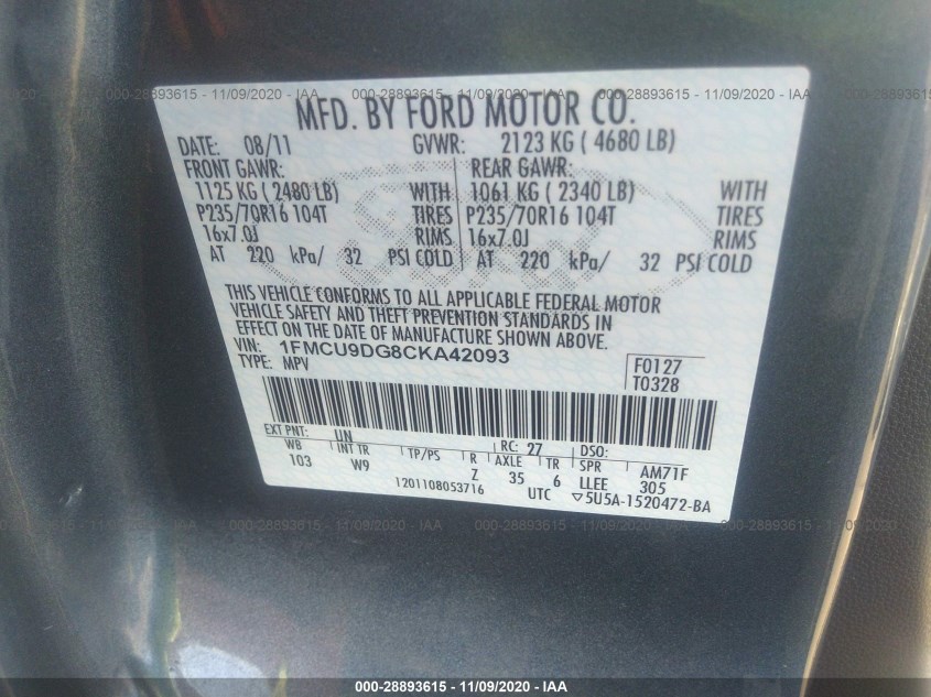 FORD ESCAPE 1FMCU9DG8CKA42093