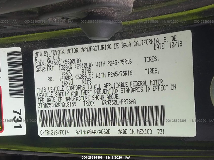 TOYOTA TACOMA 2WD 3TMBZ5DN2KM018159