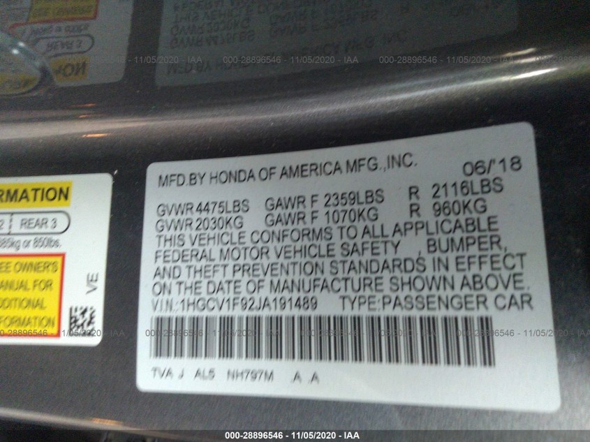 HONDA ACCORD SEDAN 1HGCV1F92JA191489