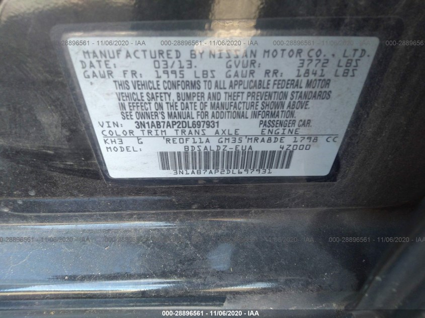 NISSAN SENTRA 3N1AB7AP2DL697931
