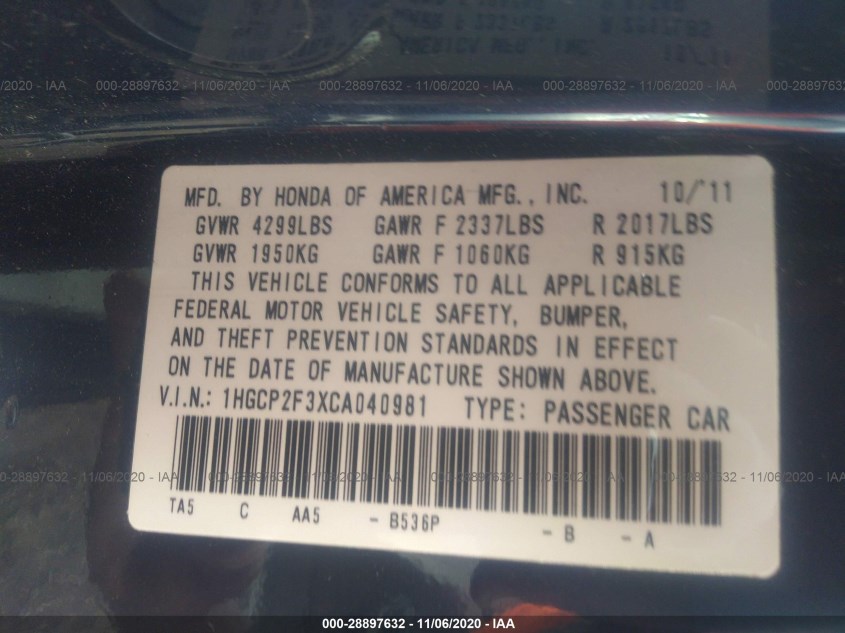 HONDA ACCORD SDN 1HGCP2F3XCA040981