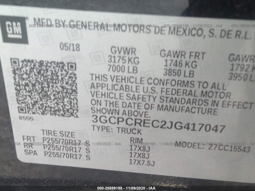 CHEVROLET SILVERADO 1500 3GCPCREC2JG417047