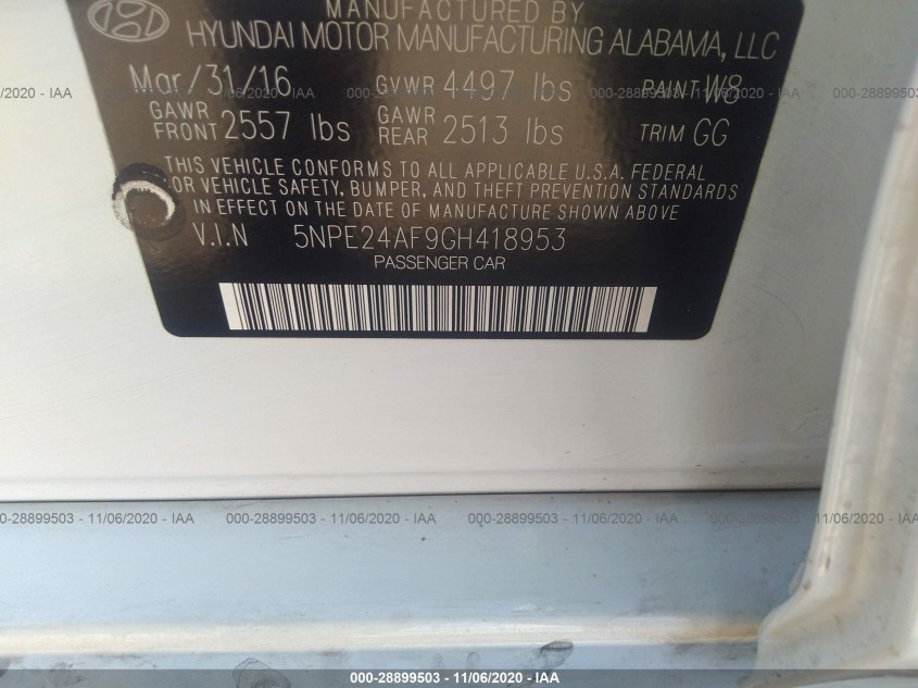HYUNDAI SONATA 5NPE24AF9GH418953