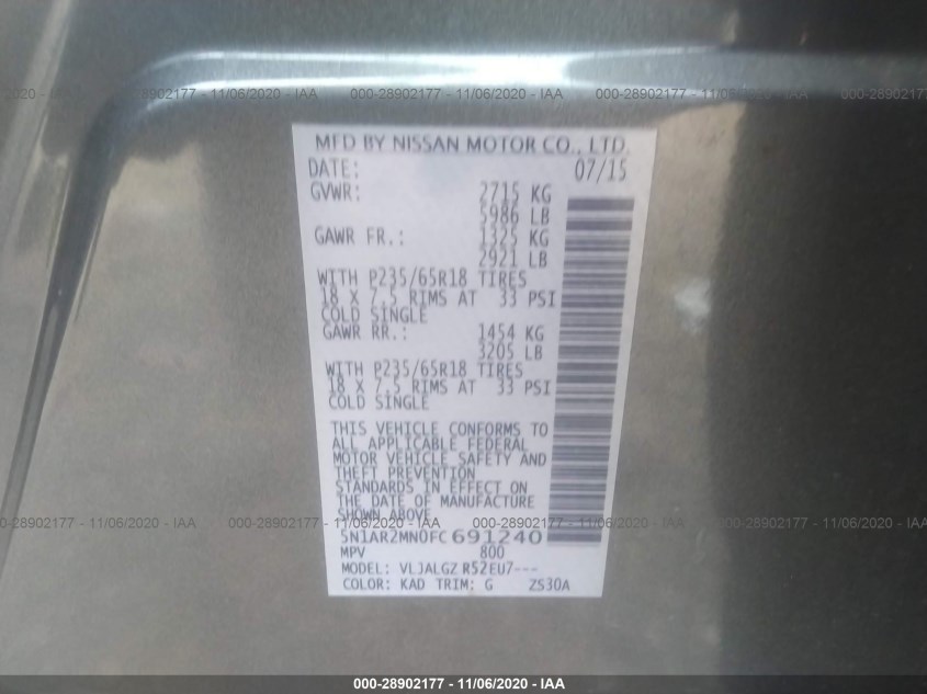 NISSAN PATHFINDER 5N1AR2MN0FC691240