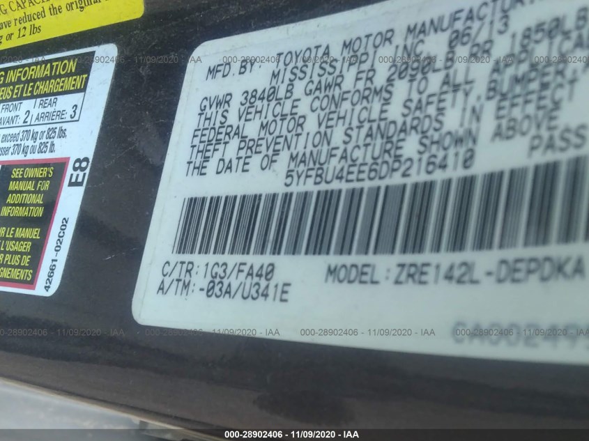 TOYOTA COROLLA 5YFBU4EE6DP216410