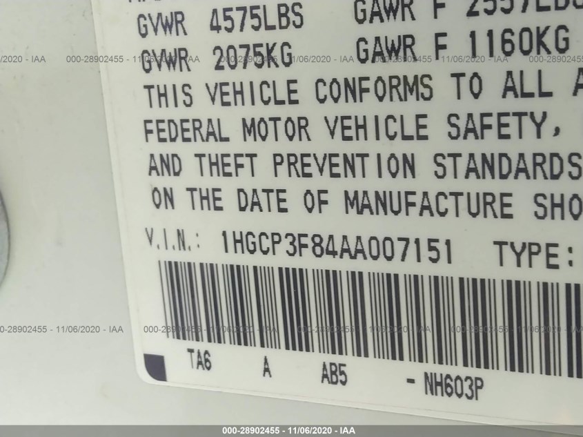 HONDA ACCORD SDN 1HGCP3F84AA007151
