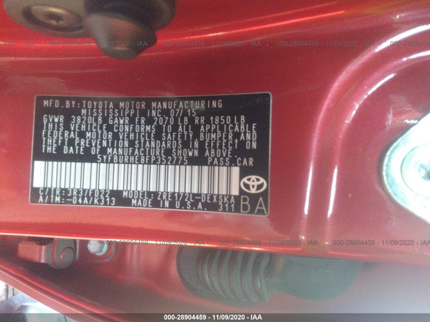 TOYOTA COROLLA 5YFBURHE8FP352775