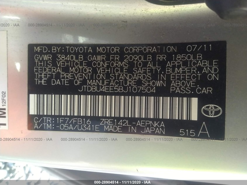 TOYOTA COROLLA JTDBU4EE5BJ107504