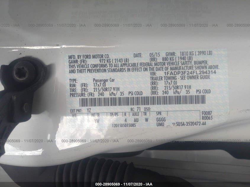 FORD FOCUS 1FADP3F24FL294314