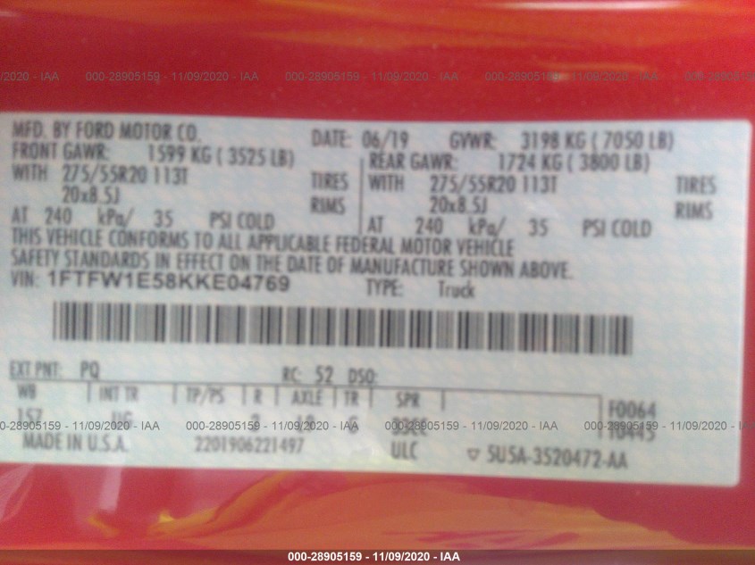 FORD F-150 1FTFW1E58KKE04769