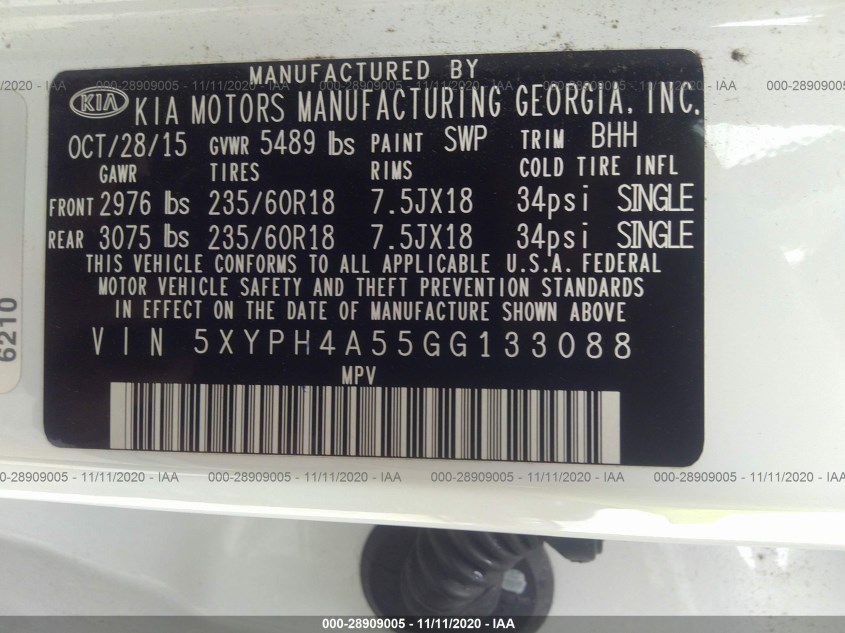 KIA SORENTO 5XYPH4A55GG133088