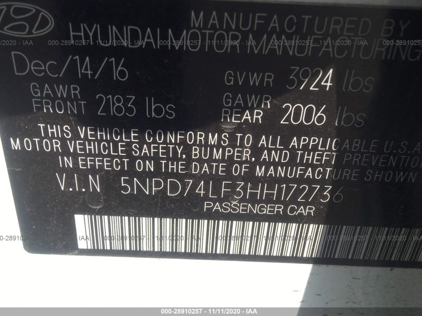 HYUNDAI ELANTRA 5NPD74LF3HH172736