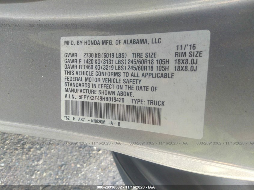 HONDA RIDGELINE 5FPYK3F49HB019420