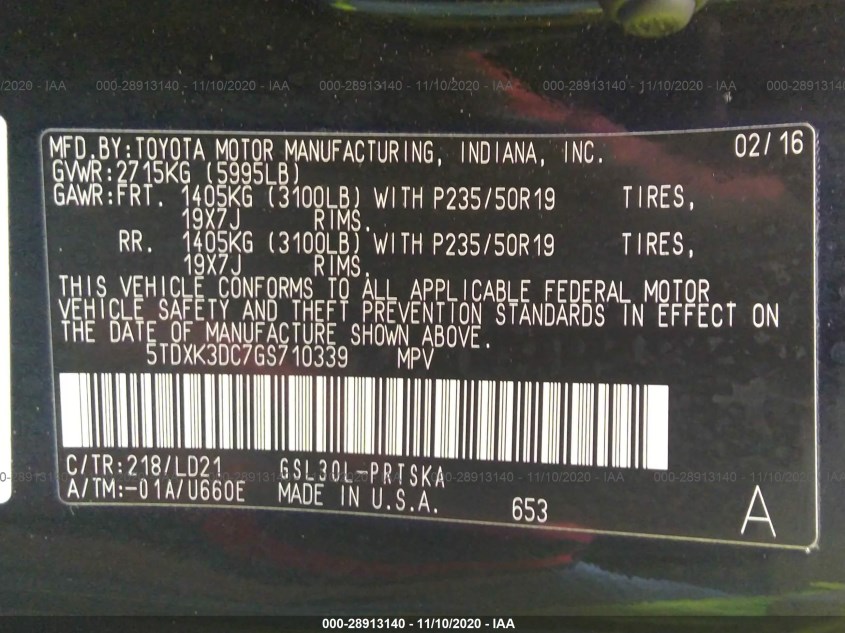 TOYOTA SIENNA 5TDXK3DC7GS710339