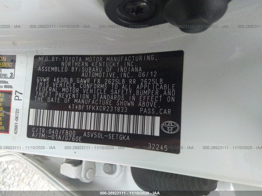 TOYOTA CAMRY 4T4BF1FKXCR231833