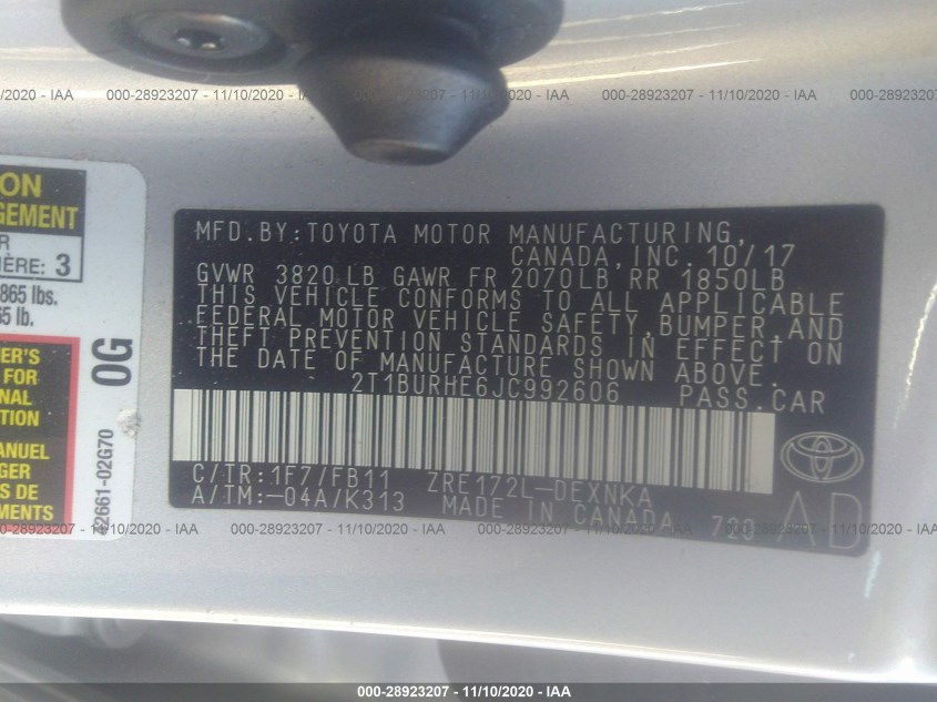 TOYOTA COROLLA 2T1BURHE6JC992606