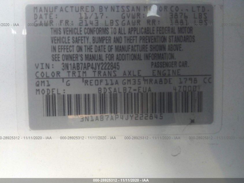 NISSAN SENTRA 3N1AB7AP4JY222845