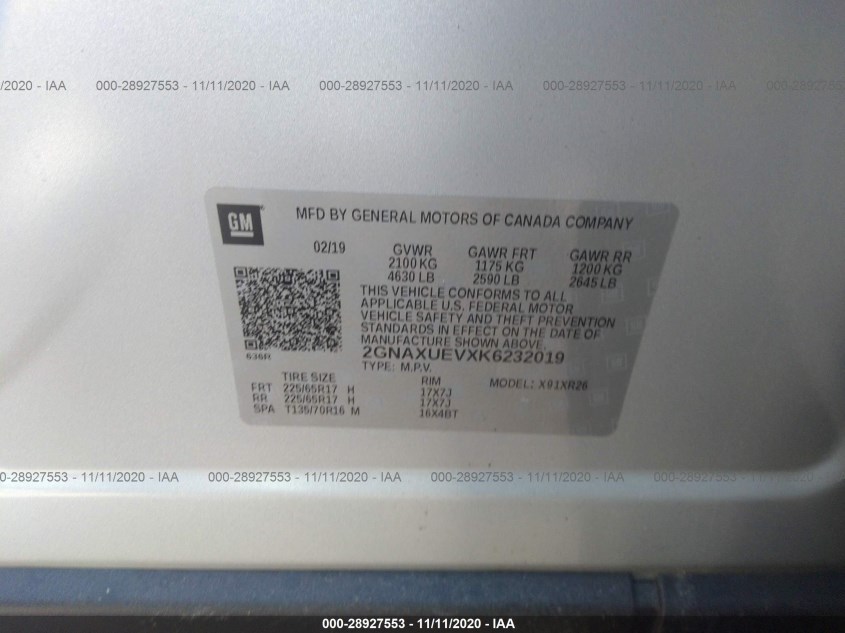 CHEVROLET EQUINOX 2GNAXUEVXK6232019