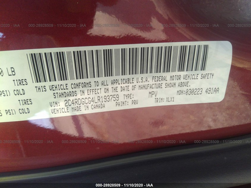DODGE GRAND CARAVAN 2C4RDGCG4LR193759