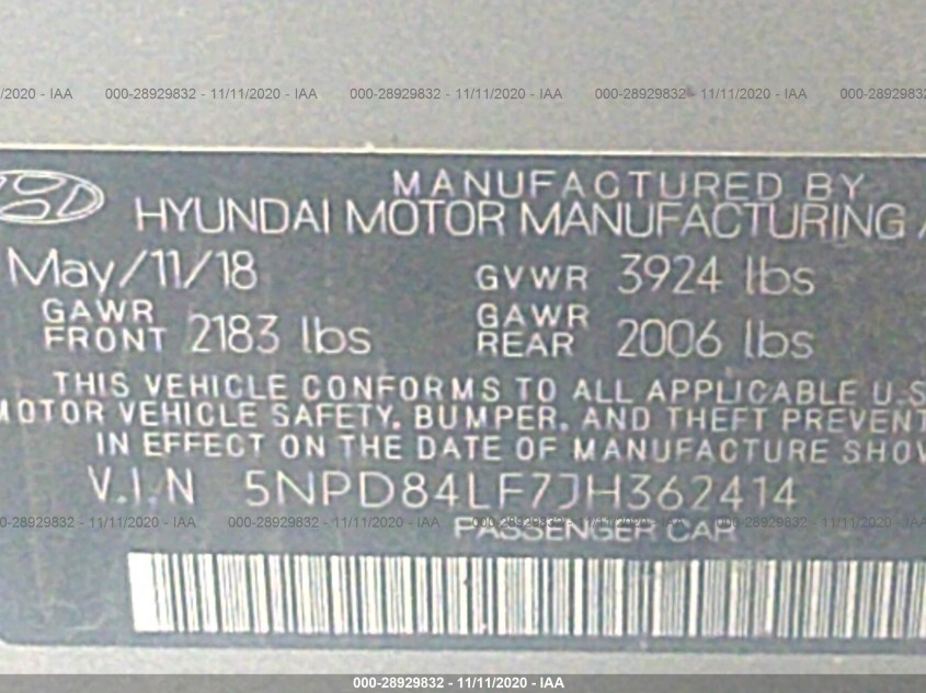 HYUNDAI ELANTRA 5NPD84LF7JH362414