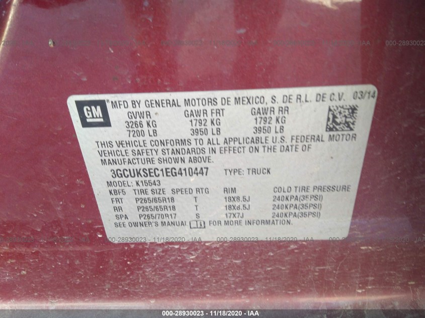 CHEVROLET SILVERADO 1500 3GCUKSEC1EG410447