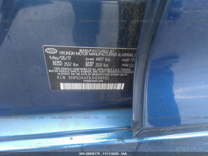 HYUNDAI SONATA 5NPE24AF8JH598935
