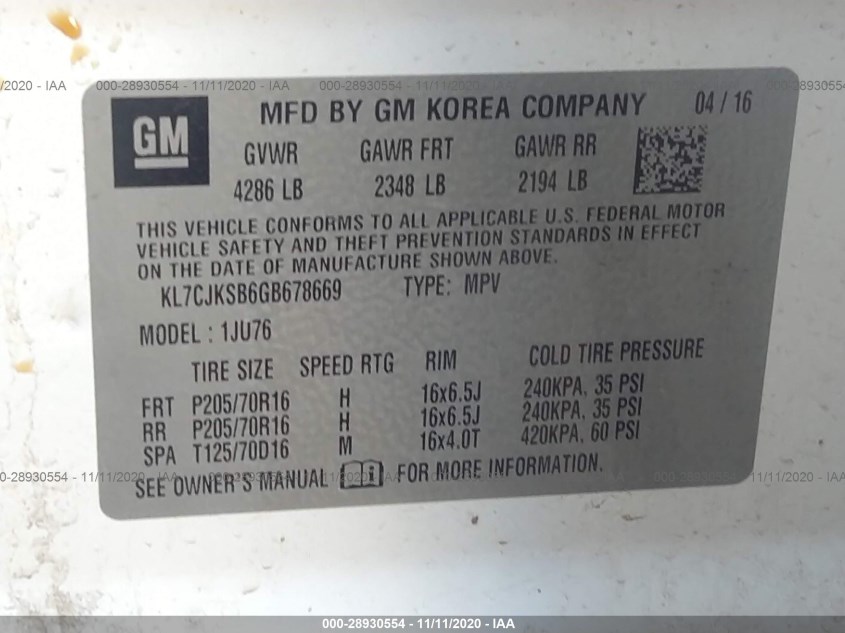 CHEVROLET TRAX KL7CJKSB6GB678669