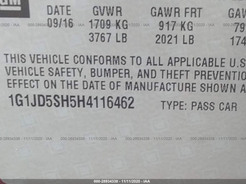 CHEVROLET SONIC 1G1JD5SH5H4116462