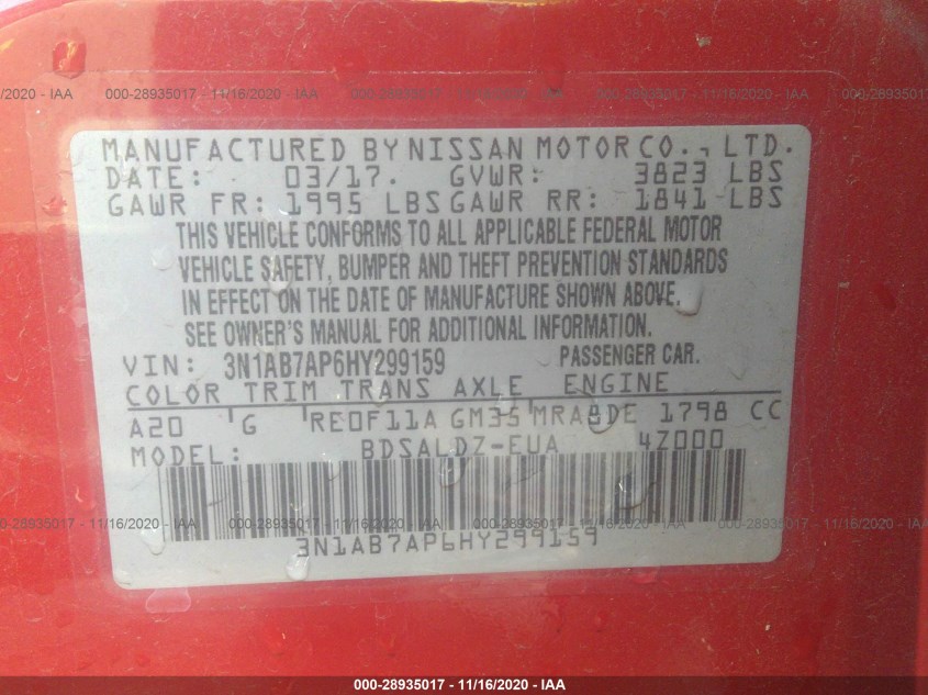NISSAN SENTRA 3N1AB7AP6HY299159