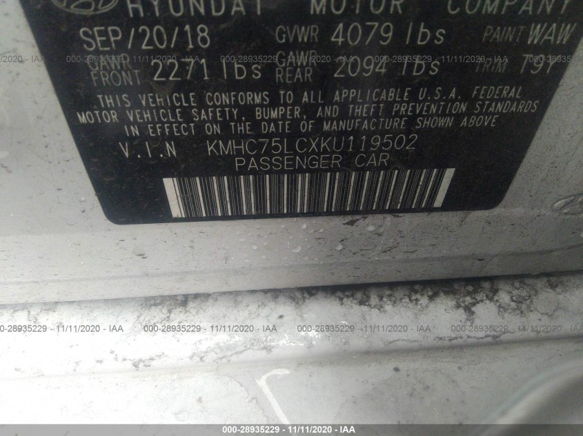 HYUNDAI IONIQ HYBRID KMHC75LCXKU119502