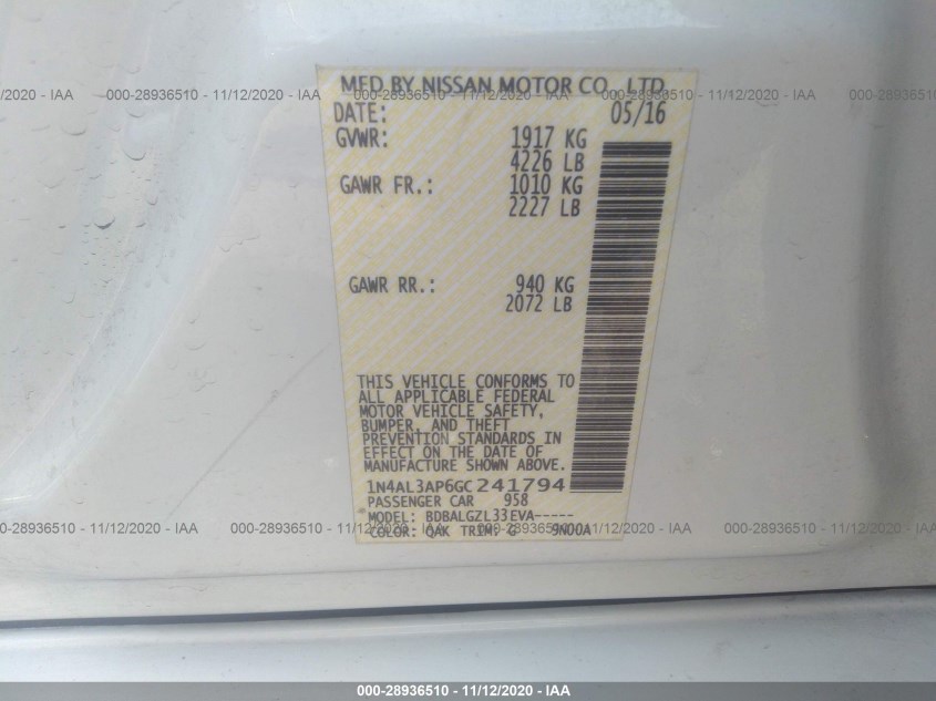 NISSAN ALTIMA 1N4AL3AP6GC241794