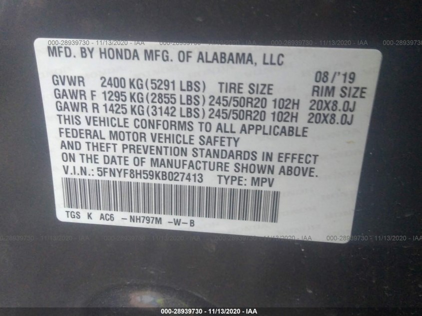 HONDA PASSPORT 5FNYF8H59KB027413