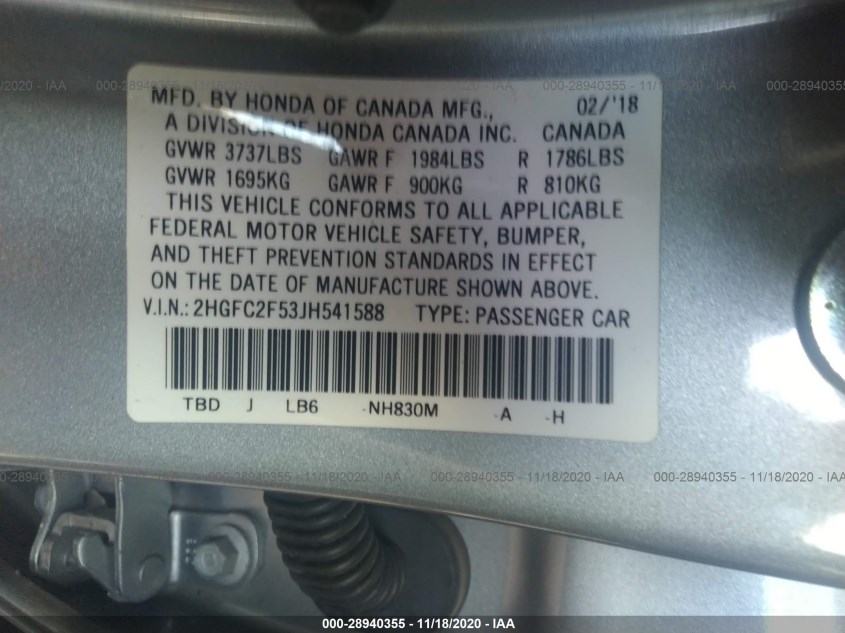HONDA CIVIC SEDAN 2HGFC2F53JH541588