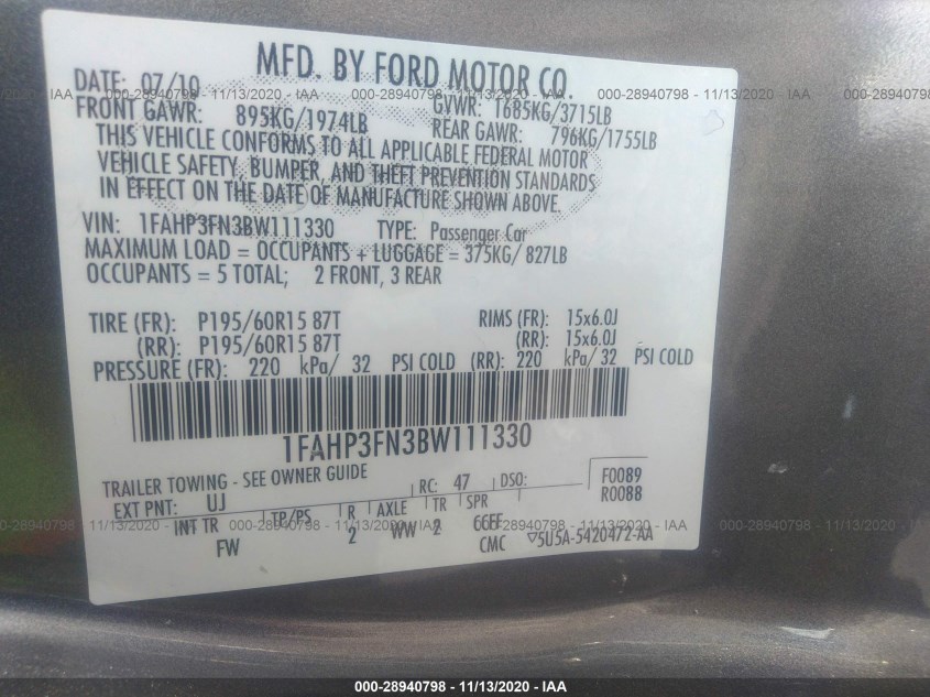 FORD FOCUS 1FAHP3FN3BW111330