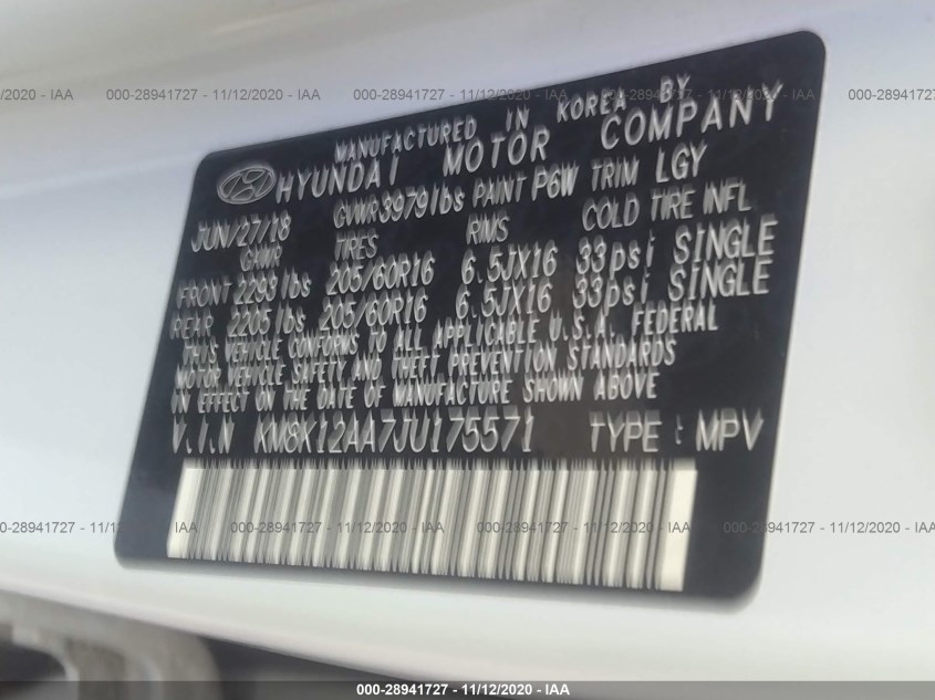 HYUNDAI KONA KM8K12AA7JU175571