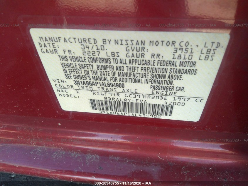 NISSAN SENTRA 3N1AB6AP1AL694900