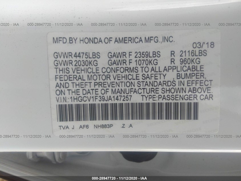 HONDA ACCORD SEDAN 1HGCV1F39JA147257