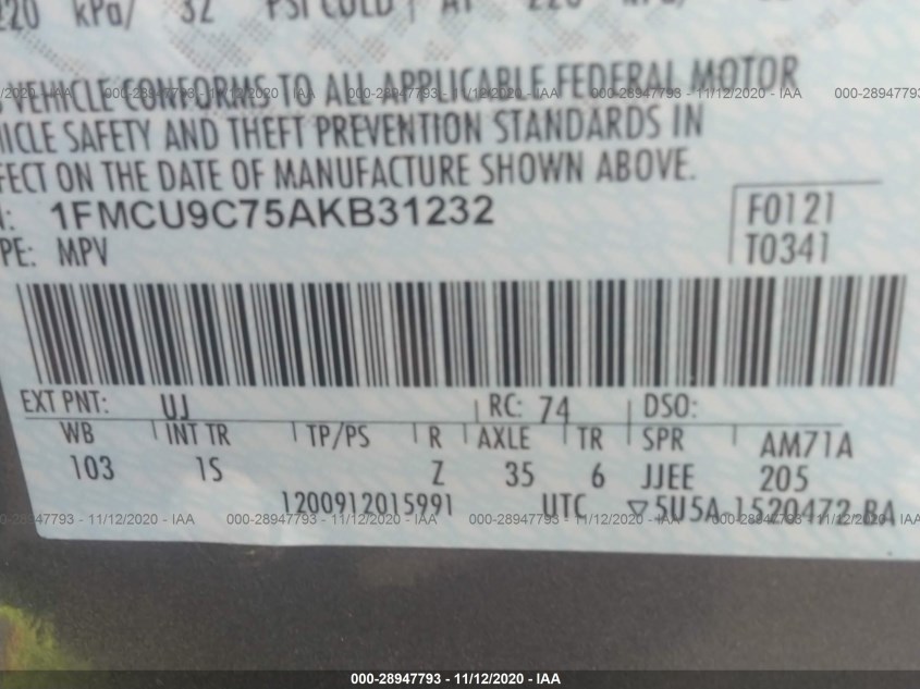 FORD ESCAPE 1FMCU9C75AKB31232