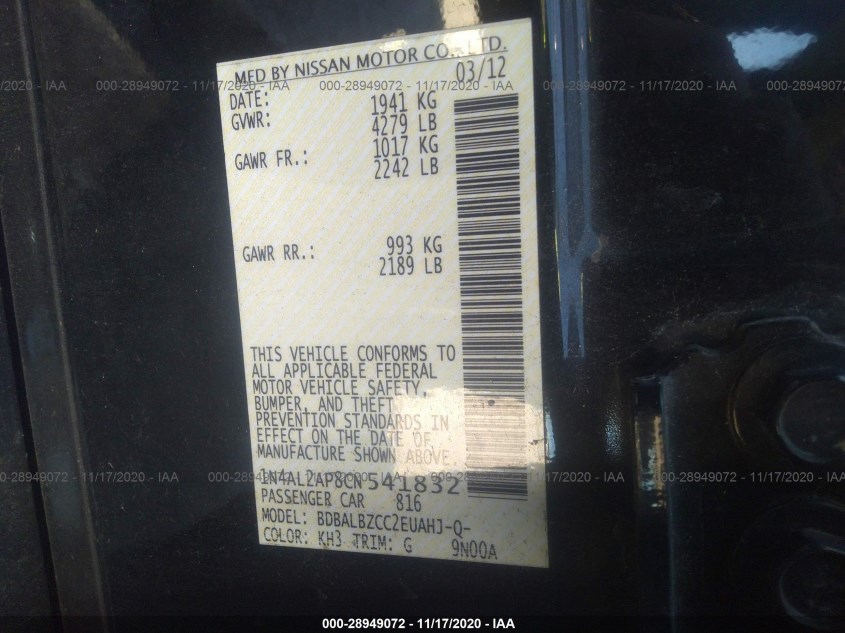 NISSAN ALTIMA 1N4AL2AP8CN541832
