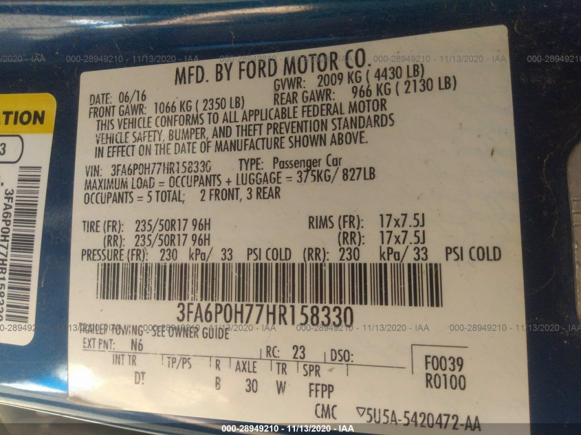 FORD FUSION 3FA6P0H77HR158330