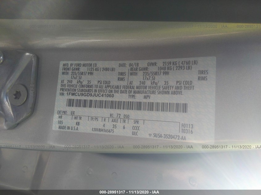 FORD ESCAPE 1FMCU9GD9JUC41060