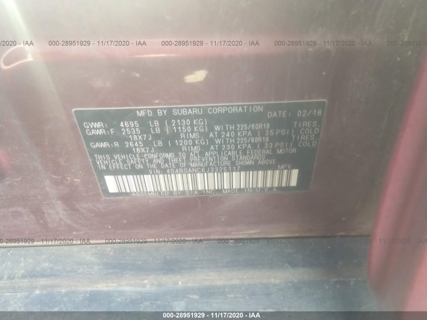 SUBARU OUTBACK 4S4BSANC6J3326117