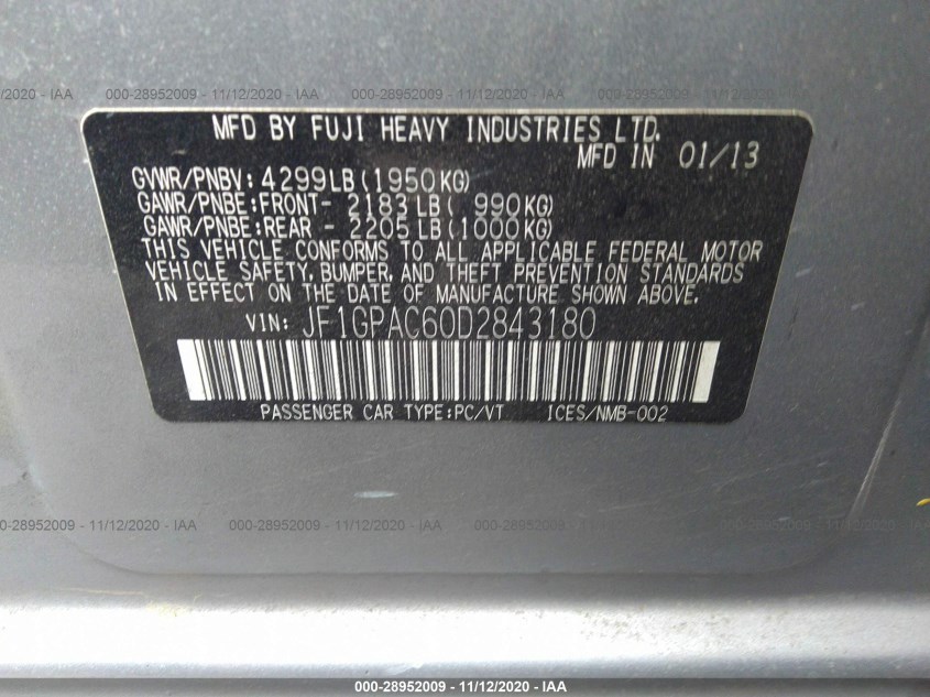 SUBARU IMPREZA WAGON JF1GPAC60D2843180