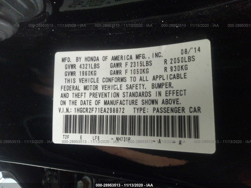 HONDA ACCORD SEDAN 1HGCR2F71EA298872